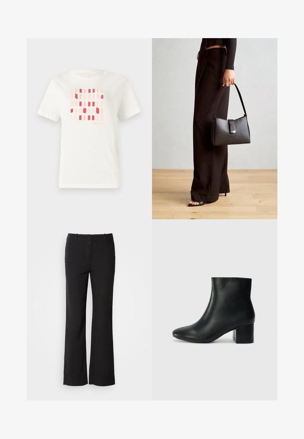 Camiseta de algodón blanca con un patrón geométrico de formas rectangulares en tonos de rosa y rojo. Cuello redondo y mangas cortas.; Pantalones de mezcla de algodón negros con un diseño de pierna recta, cierre frontal de botón y dos bolsillos laterales. Textura suave, sin patrones visibles.; Botas de cuero negras hasta el tobillo con una punta afilada y un tacón grueso. Textura lisa con acentos mínimos y un diseño elegante y ajustado.; Bolso negro con forma estructurada, textura suave y un cierre metálico. Combinado con pantalones anchos negros y sandalias de dedo en un suelo de madera.