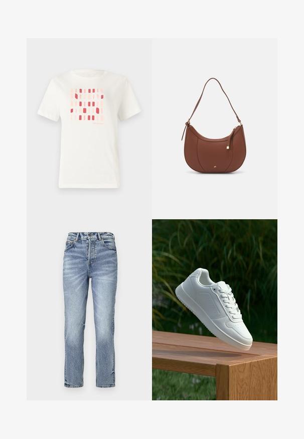 White cotton t-shirt featuring a geometric pattern of rectangular shapes in shades of pink and red. Crew neck and short sleeves.; Light blue denim jeans with a straight fit, high waist, faded texture, and five pockets. Features metal button and zipper closure.; White sneaker with a smooth synthetic upper, perforated toe box, flat laces, and a textured sole, displayed on a wooden surface.; Brown faux leather shoulder bag with curved shape, minimal stitching, and a gold-tone hardware accent. Features a top zipper closure and adjustable strap.