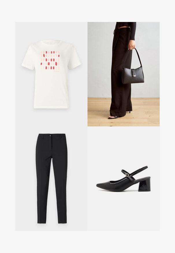 Biała bawełniana koszulka z krótkim rękawem z geometrycznym wzorem prostokątnych kształtów w odcieniach różu i czerwieni. Okrągły dekolt.; Czarne dopasowane spodnie z gładkiego materiału, z klasycznym pasem, przednim zamkiem błyskawicznym i bocznymi kieszeniami, o eleganckim, dopasowanym kroju.; Czarne lakierowane czółenka na słupku ze spiczastym noskiem, lekko zaokrąglonym wycięciem i obcasem w kształcie bloku. Posiadają złotą klamrę jako akcent dekoracyjny.; Czarna torebka o usztywnionym kształcie, gładkiej fakturze i metalowym zapięciem. Połączona z szerokimi czarnymi spodniami i sandałami na otwartym palcu na drewnianej podłodze.
