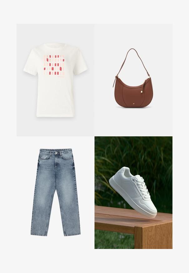 Hvid bomulds t-shirt med et geometrisk mønster af rektangulære former i nuancer af pink og rød. Rund hals og korte ærmer.; Lysblå denim jeans med lige ben, synlig syning, fem lomme-design og knaplukning ved taljen.; Hvid sneaker med en glat syntetisk overdel, perforeret tåboks, flade snørebånd og en tekstureret sål, præsenteret på en træoverflade.; Brun faux læder skuldertaske med buet form, minimal syning og en guldtonet hardwaredetalje. Har en top lynlåslukning og justerbar rem.