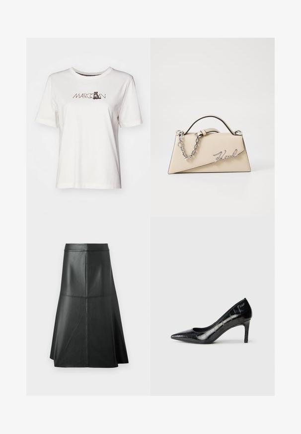 White cotton t-shirt featuring short sleeves, a crew neckline, and a printed design with the word "MARCCAIN" and a cat illustration.; White blouse with a V-neck, ruffled collar, and drawstring ties with silver accents; long sleeves with buttoned cuffs. Soft fabric texture.; Black leather A-line skirt, smooth texture, mid-calf length, features horizontal stitching detail at the waist and seams for added structure.; Black pointed-toe high heels with a glossy finish and subtle textured pattern. Features a moderate heel and open throat design.; Beige leather handbag with a structured, triangular shape, featuring a silver chain handle and a cursive logo in metal.