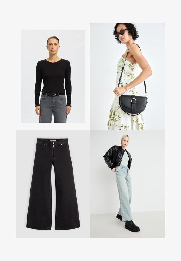 Melna ribota garroku krekla ar apaļu kakla izgriezumu, kopā ar pelēku augstās jostasvietas džinsa biksēm un melnu jostu ar sudraba sprādzi.; Platas kājas džinsi melnā džinsa audumā ar rāvējslēdzēju priekšā, piecu kabatu dizains un smalkas šuvju detaļas. Gluda tekstūra un ikdienišķs stils.; Melna ādas bomber jaka, piparmētru zaļš krekls, gaiši zili platajā kājās džinsi un melni saites apavi, uz minimālisma fona.; Melnas ādas rokassoma ar izliekta formu, noņemamu siksnu un zelta aksesuāriem. Somai ir vāciņš ar sprādzes detaļu.