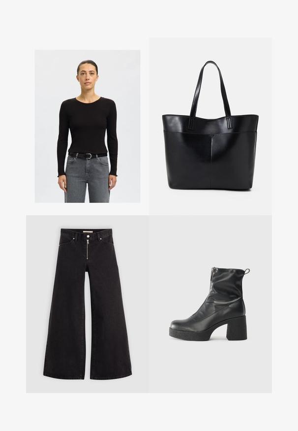 Svart ribbestrikket langermet topp med rund hals, kombinert med høytlivde grå denimjeans og et svart belte med sølvspenne.; Vide benbukser i sort denim med glidelås i front, fem-lomme design og subtile sømdetaljer. Glatt tekstur og avslappet stil.; Svarte ankelstøvler laget av glatt lær, med glidelås på siden, chunky strukturert hæl, og rund tå-design.; Svart lær toteveske med to lange håndtak, en glatt tekstur og en strukturert form. Har en frontlomme for ekstra oppbevaring.