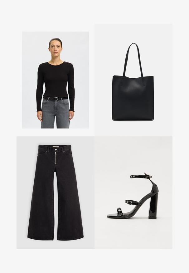 Juodas juostuotas ilgomis rankovėmis marškinėlis su apvalia iškirpte, derinamas su aukštu liemeniu pilkais džinsais ir juodu diržu su sidabrine sagtimi.; Plačios kojų džinsai iš juodo džinsinio audinio su užtrauktuku priekyje, penkių kišenių dizainu ir subtiliais siuvinėjimo akcentais. Lygus paviršius ir laisvalaikio stilius.; Juoda blizgi lakuota basutė su kvadratiniu pirštu, kulkšnies dirželiais ir sidabro sagtimis. Yra tvirta blokinė kulno konstrukcija, užtikrinanti stabilumą.; Juodas odinis tote krepšys su lygia tekstūra, stačiakampio formos ir dviem ilgais rankenomis. Matomų metalinių detalių ar puošybos nėra.