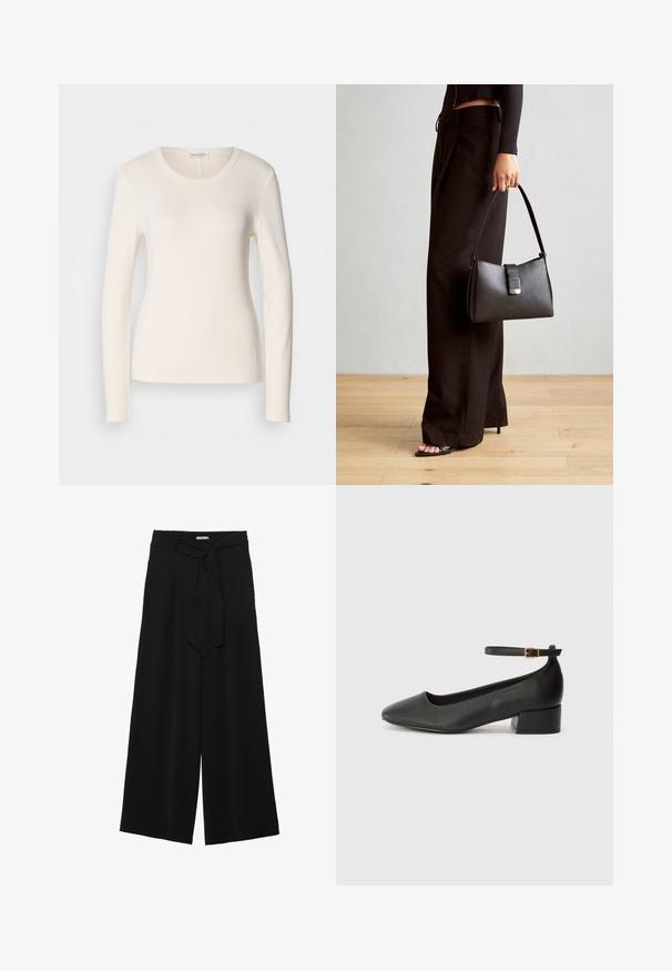 Hosszú ujjú krémszínű pamut póló, kerek nyakkivágással, testhezálló fazonban és kis logó részlettel az alján. Sima textúra.; Fekete, bő szárú nadrág, texturált anyagból, rugalmas derékpánttal és levehető sállal a derekán, amely állítható illeszkedést biztosít.; Fekete bőr magassarkú cipő hegyes orral és alacsony tömb sarkal. Bokapánttal rendelkezik, aranyszínű csattal. Simább textúra.; Fekete kézi táska strukturált formával, sima textúrával és fémből készült záródással. Széles fekete nadrággal és nyitott orrú szandállal párosítva, fából készült padlón.