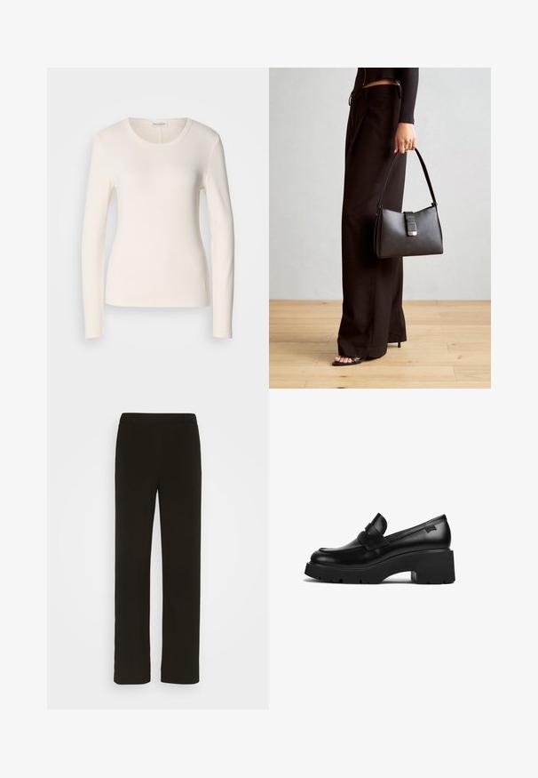 Kreminė medvilninė trumpomis rankovėmis marškinėliai, turintys apvalų iškirptę, prigludusią išvaizdą ir mažą logotipo detalę šalia apatinės dalies. Lygus paviršius.; Juodi tiesūs kelnės, pagamintos iš audinio, turinčios lygų priekį, dvi šonines kišenes ir glotnų paviršių. Nėra matomų raštų ar akcentų.; Juodas odinis loaferis su storais kulnais, storu padu ir dirželiu per viršų, rodoma iš šono ant baltos fono.; Juodas rankinė struktūrizuota forma, lygi tekstūra ir metalinis užsegimas. Suporuota su plačiomis juodomis kelnėmis ir atvirais bateliais ant medinių grindų.