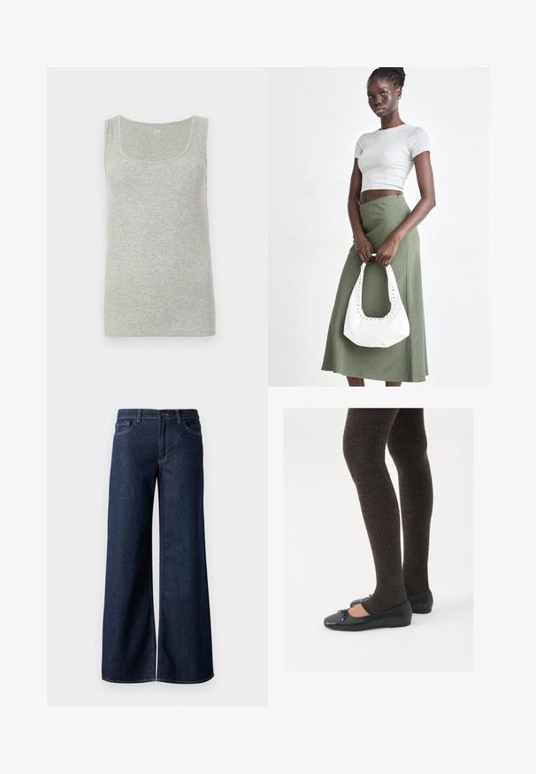 Harmaa toppi, joka on valmistettu ribatusta puuvillasta. Siinä on pyöreä kaula-aukko ja leveät olkaimet, sekä tasainen pinta kauttaaltaan.; Suorat lahkeet farkut tummansinisestä denimmistä. Ominaisuuksiin kuuluvat kontrastiväriset ompeleet, viisi taskua ja nappisuljenta vyötäröllä. Sileä pinta.; Mustat matalat kengät, joissa on pieni nauha varpaissa, yhdistettynä tummanruskeisiin ribattuisiin sukkahousuihin. Kengissä on sileä pinta ja matala profiili.; Harmaa ribbattu crop-top ja oliivinvihreä korkeavyötäröinen hame. Malli pitää valkoista olkalaukkua, jossa on leikattu yksityiskohtia. Yksinkertainen muotoilu, vartalonmyötäinen siluetti.