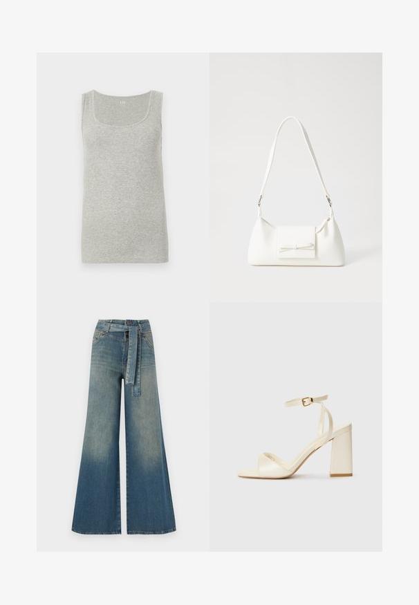 Top gris de tirantes fabricado en algodón acanalado. Presenta un escote redondeado y tirantes anchos, con una textura suave en toda su superficie.; Pantalones de mezclilla de pierna ancha con un degradado de azul claro a oscuro, cintura alta, trabillas para cinturón y un cinturón de tela a juego. Acabado de mezclilla texturizada.; Sandalias de tacón en color crema con punta abierta, tacón grueso, cinta delgada en el tobillo y un acabado sutilmente brillante. Detalle de hebilla en la cinta.; Bolso sintético blanco con forma triangular, tapa frontal plana y detalle de lazo, correa ajustable, textura suave y diseño minimalista.