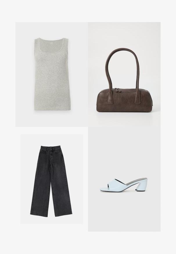 Sivý tielko vyrobené z rebrovanej bavlny. Má zaoblený výstrih a široké ramenné popruhy, s hladkou textúrou po celom povrchu.; Čierne široké džínsy s vysokým pásom, klasickým päťvreckovým dizajnom a jemným vyblednutím. Odolná tkanina s hladkou textúrou.; Svetlomodré otvorené štýlové sandále na vysokom opätku s geometrickým dizajnom, s širokým pásom cez nohu a masívnym, ostrým opätkom.; Hnedá kožená kabelka s dvoma pevným uchami, obdĺžnikovým tvarom, hladkým povrchom a zipsovým uzáverom. Minimalistický dizajn bez viditeľných vzorov.