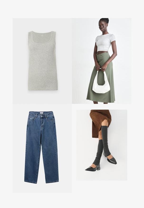 Harmaa toppi, joka on valmistettu ribatusta puuvillasta. Siinä on pyöreä kaula-aukko ja leveät olkaimet, sekä tasainen pinta kauttaaltaan.; Classiset siniset farkut suoran lahkeen muotoilulla, viidellä taskulla ja napillakaan. Ominaisuudet: keskivahva pesu ja kestävä rakenne.; Musta lakattu nahkakengät teräväkärkisillä, leveällä kantapäällä ja nilkkahihnalla, yhdistettynä harmaisiin ribattuihin säärystimiin ja ruskeaan mokkasiinimekkoon.; Harmaa ribbattu crop-top ja oliivinvihreä korkeavyötäröinen hame. Malli pitää valkoista olkalaukkua, jossa on leikattu yksityiskohtia. Yksinkertainen muotoilu, vartalonmyötäinen siluetti.