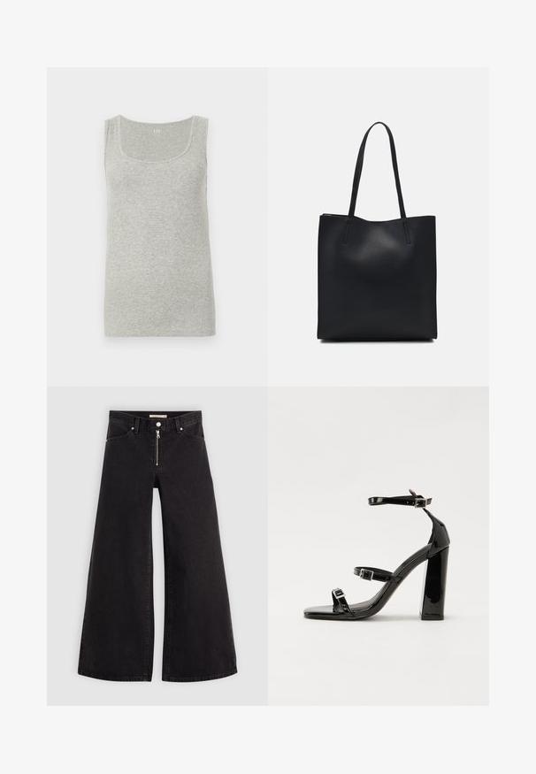 Grå tank topp laget av ribbet bomull. Har en rund halslinje og brede skulderstropper, med en jevn tekstur gjennom hele.; Vide benbukser i sort denim med glidelås i front, fem-lomme design og subtile sømdetaljer. Glatt tekstur og avslappet stil.; Svart høyglans sandaler med hæl, firkantet tå, ankelremmer og sølvspenner. Har en kraftig blokkhæl for stabilitet.; Svart lær tote bag med glatt tekstur, rektangulær form og to lange håndtak. Ingen synlige deler eller dekorasjoner.