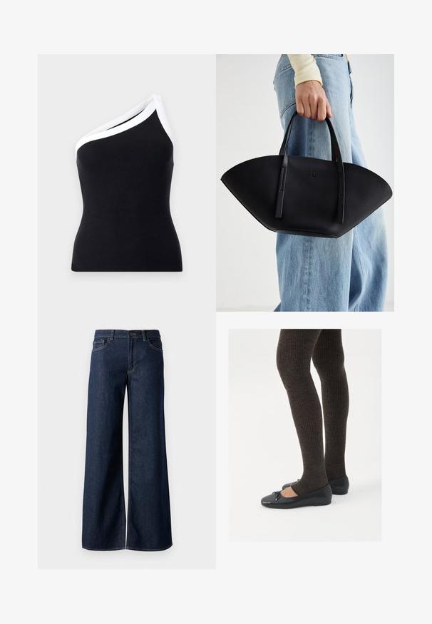 Schwarzes, geripptes Top mit einem Schulterträger und weißem Saum entlang des Rundhals-Ausschnitts. Enganliegendes Design, weiche Textur und klare Linien.; Weite Jeans in dunkelblauem Denim. Merkmale sind kontrastierende Nähte, fünf Taschen und ein Knopfverschluss an der Taille. Glatte Textur.; Schwarze flache Schuhe mit einem kleinen Schleifendetail an der Zehe, kombiniert mit dunkelbraunen gerippten Strumpfhosen. Die Schuhe haben eine glatte Textur und ein niedriges Profil.; Schwarze Lederhandtasche mit einzigartiger Fächerform, ausgestattet mit flachen Griffen. Die Oberfläche hat eine genoppte Textur und ein minimalistisches Design.