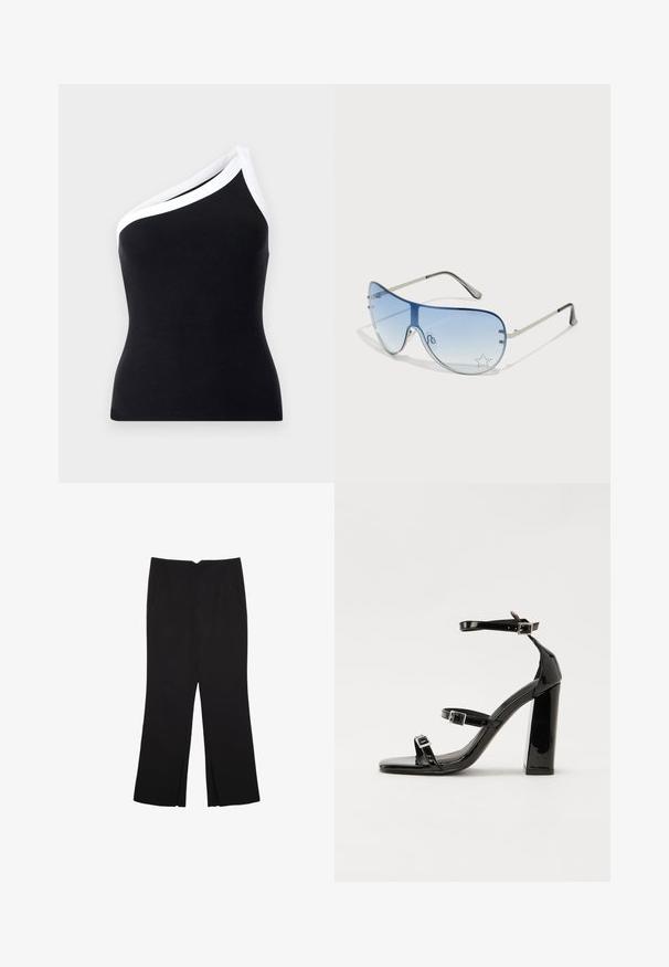 Schwarzes, geripptes Top mit einem Schulterträger und weißem Saum entlang des Rundhals-Ausschnitts. Enganliegendes Design, weiche Textur und klare Linien.; Schwarze Hose mit geradem Schnitt, ausgestattet mit Fronttaschen und Seitenschlitzen am Saum. Hergestellt aus weichem, glattem Stoff. Geeignet für verschiedene Anlässe.; Schwarze patentierte Sandalen mit Absatz, quadratischer Spitze, Knöchelriemen und silbernen Schnallen. Mit einem stabilen Blockabsatz für mehr Stabilität.; Flugzeugbrille mit einem verlaufenden blauen Glase, silbernem Metallrahmen und dekorativen Sternelementen auf dem Glas. Glattes und elegantes Design.
