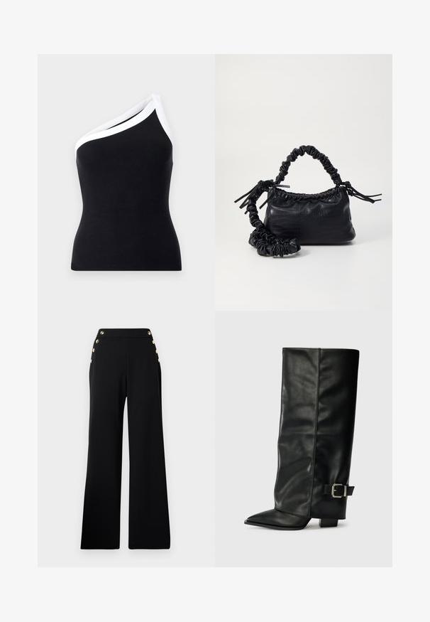 Černý žebrovaný top na jedno rameno s bílým lemem podél výstřihu. Přiléhavý design, jemná textura a čisté linie.; Černé široké kalhoty s vysokým pasem a zlatými knoflíky vpředu, s kapsami na obou bocích, na bílém pozadí.; Černé kožené kotníkové boty až po kotníky s špičatou špičkou, hladkým povrchem a stříbrnou sponou na boku. Masivní čtveritý podpatek.; Černá kabelka z umělé kůže s krokodýlím vzorem, staženým vrškem a zmačkaným popruhem. Zdá se, že má měkký a kompaktní design.