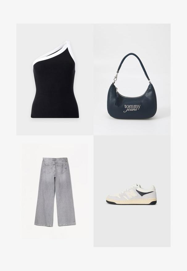 Fekete, bordázott, egyvállas felső, fehér szegéllyel a nyaknál. Testhezálló fazon, puha tapintás és letisztult vonalak.; Bershka WIDE-LEG - Széles szárú - grey; Fehér, szürke és fekete sportcipő. Suede és textil anyagokból készült, perforált orral és logóval az oldalon. Gumitalp.; Tengerészkék bőr kézitáska kerek formával, ezüst cipzárral és "tommy jeans" logóval, amely dőlt betűtípussal van a táska elején. Rövid fogantyúval.