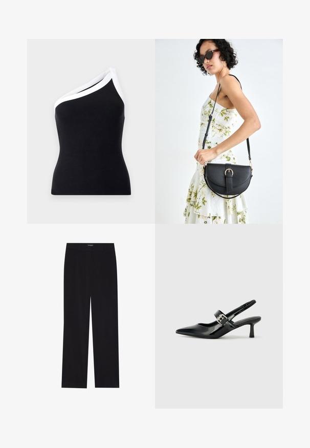 Haut noir à côtes, une épaule, avec un liseré blanc le long de l'encolure. Design ajusté, texture douce et lignes épurées.; Pantalon en velours côtelé noir avec une coupe droite, doté d'une taille plate et sans poches visibles, texture lisse et détail en côtes verticales.; Escarpins slingback en cuir verni noir avec un bout pointu et un petit talon bloc, mettant en avant un accent en boucle argentée sur la sangle.; Sac à main en cuir noir avec une forme courbée, bandoulière amovible et des accessoires en or. Le sac est doté d'un rabat avec un détail de boucle.