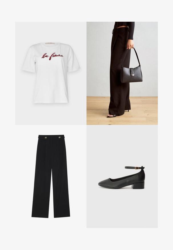 Rue de Femme NATACHA - Camiseta estampada - offwhite; Pantalones de pierna ancha negros con cintura alta, detalles de botones en la cinturilla y pliegues en la parte delantera.; Zapato de tacón negro de cuero con punta afilada y tacón bajo cuadrado. Presenta una correa para el tobillo con una hebilla en tono dorado. Textura suave.; Bolso negro con forma estructurada, textura suave y un cierre metálico. Combinado con pantalones anchos negros y sandalias de dedo en un suelo de madera.