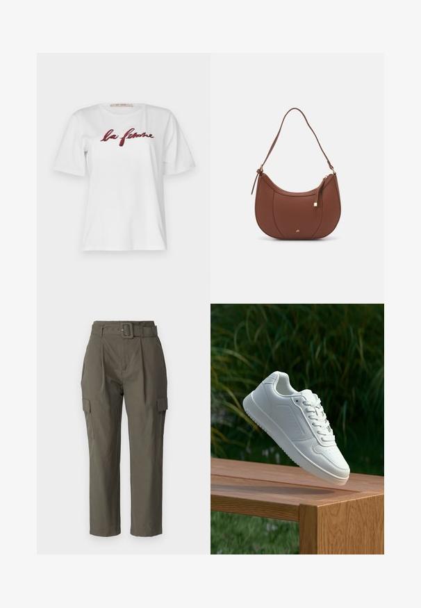 Rue de Femme NATACHA - Print T-shirt - offwhite; Cargo pants in olive green, made of lightweight fabric. Features include a belted waist, front pleats, and side pockets with flap closures.; White sneaker with a smooth synthetic upper, perforated toe box, flat laces, and a textured sole, displayed on a wooden surface.; Brown faux leather shoulder bag with curved shape, minimal stitching, and a gold-tone hardware accent. Features a top zipper closure and adjustable strap.