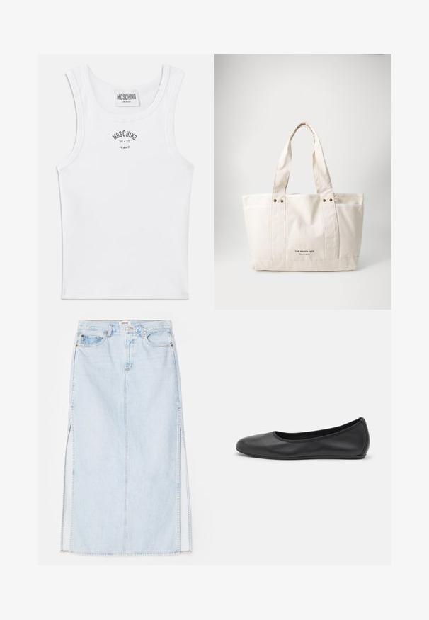 Fehér bordázott ujjatlan felső, lekerekített nyakkivágással és széles vállpántokkal. A mellkason szürke színű "MOSCHINO JEANS" felirat látható.; Világoskék farmer maxi szoknya egyenes szabással, oldalsó hasítékokkal és öt zsebes kialakítással. Kiemelkedő varrás és fém gombos zárás.; Fekete bőr balettcipő lekerekített orral, sima tekstúrával, minimális varrással és rugalmas talp kialakítással.; Világos bézs vászontáska, két erős fogantyúval, kontrasztos fehér díszítéssel, és a "THE NORTH FACE" fekete logóval az elején.