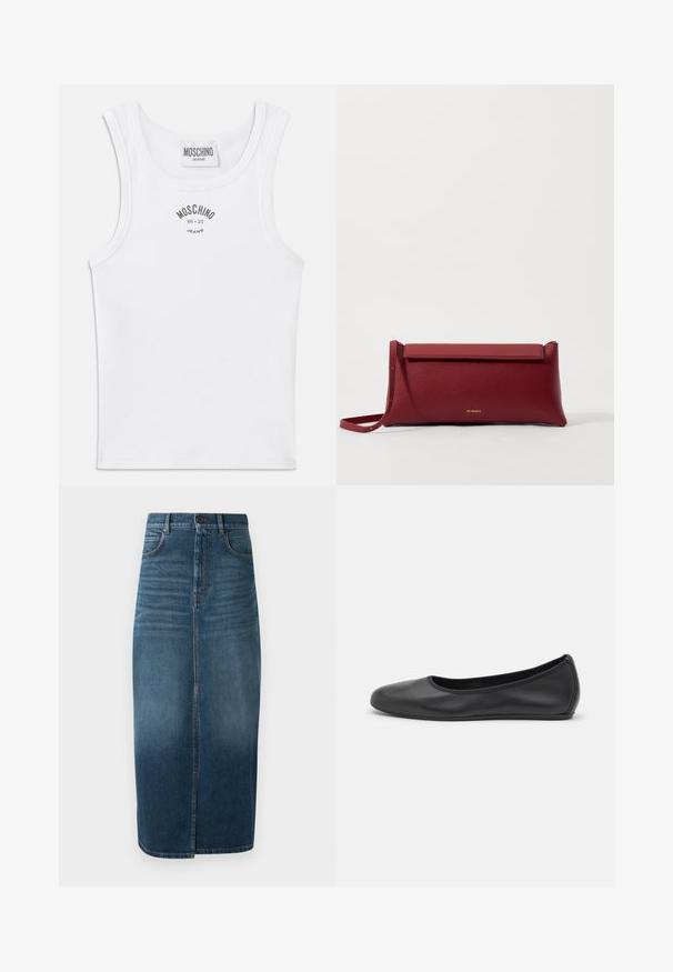 Balta ribota topiņa ar apaļu kakla līniju un platām plecu lencēm. Uz krūtīm ar pelēku krāsu drukāts "MOSCHINO JEANS" logo.; Tumši indigo džinsu midi svārki ar priekšējo šķēlumu un vieglu izbalējumu. Klasicks piecu kabatu dizains ar metāla pogas aizdari.; Melna ādas baleta kurpe ar noapaļotu purngalu, gludu tekstūru, minimālu šuvju detalizāciju un elastīgu zoles dizainu.; Sarkans ādas klasisks maciņš ar teksturētu virsmu, ar plakanu salokāmu augšpusi un īsu siksniņu. Uz priekšpuses ir smalks zīmola logo.