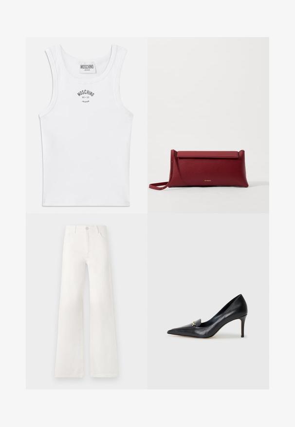 Fehér bordázott ujjatlan felső, lekerekített nyakkivágással és széles vállpántokkal. A mellkason szürke színű "MOSCHINO JEANS" felirat látható.; Fehér, magas derekú, bő szabású farmernadrág. Gombos záródással, két elülső zsebbel és oldalsó varrásokkal rendelkezik, amelyek varrási részleteket tartalmaznak.; Fekete bőr magassarkú cipő hegyes orral, alacsony dekoltázzsal és díszes arany részlettel. Stiletto sarokkal és sima felülettel rendelkezik.; Piros bőr klutcs táska textúrázott felülettel, lapos hajtogatott tetejével és rövid pánttal. Diszkrét márkájú logó elöl.