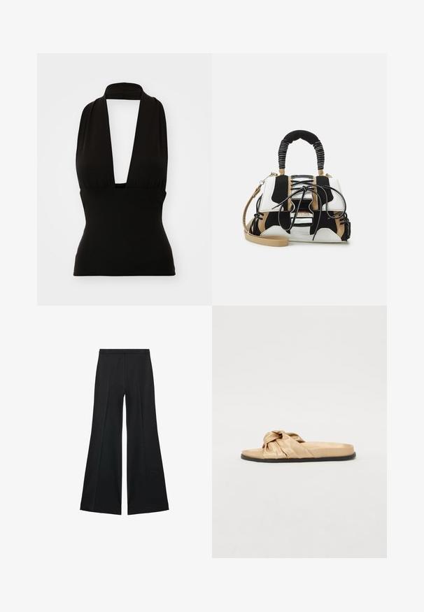 Schwarzes Halsbandoberteil aus dehnbarem Stoff. Hat einen tiefen V-Ausschnitt und eine schmeichelhafte Passform. Glatte Textur, keine sichtbaren Muster oder Beschläge.; Schwarze weit geschnittene Hose mit glatter Textur, ausgestattet mit Frontfalten und einem taillierten Design. Der Stoff ist leicht und fließend.; Goldfarbene Satin-Sandale mit einem geknoteten Detail am Riemen, flacher Sohle und glatter Textur, mit einer kontrastierenden dunklen Außensohle.; Mehrfarbige Handtasche aus schwarzem, weißem und beigem Netzmaterial. Verfügt über einen strukturierten Griff, ein Schnürdesign und einen abnehmbaren Schultergurt.