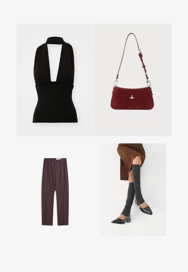 Black halter top made from stretchy fabric. Features a deep V-neck and flattering fit. Smooth texture, no visible patterns or hardware.; Purple striped trousers with pleats, featuring a high waist and straight-leg design. Made from a smooth, textured fabric.; Black patent leather pointed-toe shoes with a block heel and ankle strap, paired with gray ribbed leg warmers and a brown suede skirt.; Red suede shoulder bag with a curved shape. Features a silver-tone accent and adjustable strap with hardware detailing. Smooth texture.; Gold ring with a crown design inside a horseshoe, decorated with small clear gemstones, on a white background.
