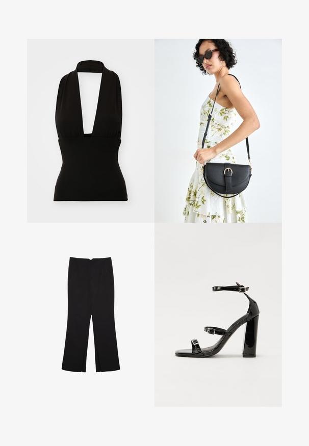 Schwarzes Halsbandoberteil aus dehnbarem Stoff. Hat einen tiefen V-Ausschnitt und eine schmeichelhafte Passform. Glatte Textur, keine sichtbaren Muster oder Beschläge.; Schwarze Hose mit geradem Schnitt, ausgestattet mit Fronttaschen und Seitenschlitzen am Saum. Hergestellt aus weichem, glattem Stoff. Geeignet für verschiedene Anlässe.; Schwarze patentierte Sandalen mit Absatz, quadratischer Spitze, Knöchelriemen und silbernen Schnallen. Mit einem stabilen Blockabsatz für mehr Stabilität.; Schwarze Lederhandtasche mit geschwungener Form, abnehmbarem Tragegurt und goldenen Beschlägen. Die Tasche verfügt über einen Deckel mit einer Schnallen-Details.; Steve Madden 3-PIECE  SET - Halskette - gold-coloured