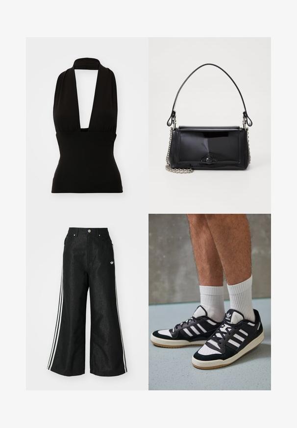 Must have õlgadeta top, mis on valmistatud venivast kangast. Sisaldab sügavat V-dekoltee't ja imelist sobivust. Sile tekstuur, ilma nähtavate mustrite või riistade.; Mustad mustadeline denimipüksid, millel on kummalgi küljel kolm valget triipu ja väike valge logo. Omab esikotte ja nööbiga kinnihoidmist.; Mustvalged ja valged spordijalatsid, mille pealmine osa on valmistatud suede'ist ja nahast. Kingadel on kolm valget riba, auguline varvas ja kummist tald.; Mustmust mustkott mustmust mustkott, millel on ristkülikukujuline kuju, kettstrap ja silmapaistev viimistlusaktsent keskel. Sile tekstuur.; Kuldse sõrmused voolava, lainevormilise kujundusega. Sile tekstuur, avatud kuju ja nähtamatud kinnitused. Minimalistlik ja kaasaegne välimus.