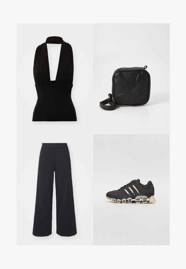 Musta nyöri yläosa, joka on valmistettu joustavasta kankaasta. Ominaisuuksiin kuuluu syvä V-kaula-aukko ja imarteleva istuvuus. Sileä rakenne, ei näkyviä kuvioita tai varusteita.; Mustat leveät collegehousut, jotka on valmistettu pehmeästä kankaasta. Niissä on elastinen vyötärö ja pieni logo vasemmalla puolella.; Musta urheilujalkine, jossa on teksturoitu päällinen, kolme hopeista raitaa ja erottuva vaimennustuli, jonka rakenne koostuu useista integroituista osista.; Mustikka neliö muotoinen olkalaukku, joka on valmistettu teksturoidusta synteettisestä materiaalista. Varustettu kohotetulla logolla ja säädettävällä hihnalla. Vetoketjukiinnitys.