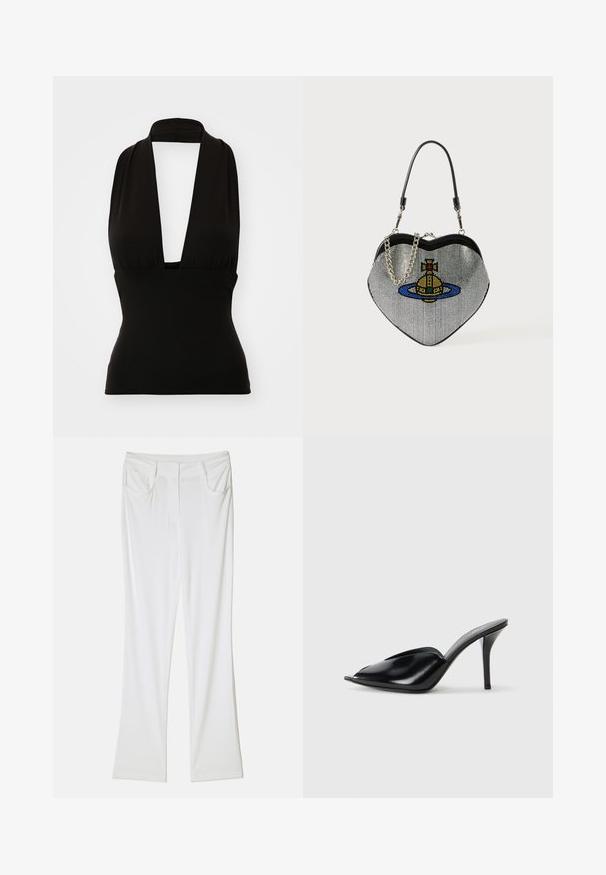 Musta nyöri yläosa, joka on valmistettu joustavasta kankaasta. Ominaisuuksiin kuuluu syvä V-kaula-aukko ja imarteleva istuvuus. Sileä rakenne, ei näkyviä kuvioita tai varusteita.; Valkoiset leveälahkeiset housut, joissa on sileä kangas, kahdella etutaskulla ja ommeltu vyötärö, joka luo istuvan ilmeen.; Musta nahkainen korkeakorkoinen mules-malli, avoimella varpaalla, terävä muotoilu, sileä pinta ja kapea stilettokorko.; Sydänmuotoinen käsilaukku, joka on valmistettu verkkomateriaalista metallipinnoitteella. Laukussa on kissan ja planeetan kuvasto sinisissä, keltaisissa ja punaisissa väreissä. Mukana ketjuhihna.