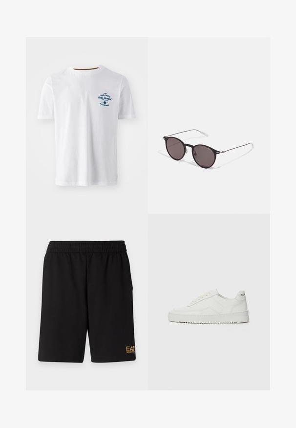 Hvid bomulds T-shirt med korte ærmer, med et blåt trykt logo på forsiden. Rund halsudskæring med en kontrasterende indersøm.; Sorte atletiske shorts lavet af blødt stof, med en elastisk talje og et lille gult EA7-logo nederst på venstre ben.; Hvide lædersneakers med en glat overflade, rund tå, flade snørebånd og en tekstureret sål. Har et diskret logo på hælen.; Sorte runde solbriller med mørke linser og slanke metalarme. Inkluderer klare tempeltips og sølvdetaljer ved hængslet. Minimalistisk design.