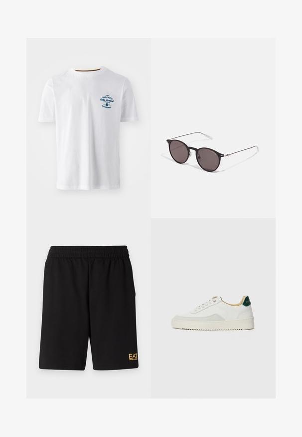 Biała bawełniana koszulka z krótkim rękawem, z niebieskim nadrukowanym logo na przodzie. Okrągły dekolt z kontrastowym wykończeniem wewnętrznym.; Czarne sportowe szorty wykonane z miękkiego materiału, z elastycznym paskiem w talii oraz małym, żółtym logo EA7 na dolnej lewej nodze.; Białe trampki z zamszowymi akcentami, zaokrąglony czubek, płaskie sznurowadła i kremowa gumowa podeszwa. Posiadają zielone logo na pięcie.; Czarne okrągłe okulary przeciwsłoneczne z ciemnymi soczewkami i smukłymi metalowymi ramkami. Zawierają przezroczyste końcówki zauszników oraz srebrne akcenty przy zawiasie. Minimalistyczny design.