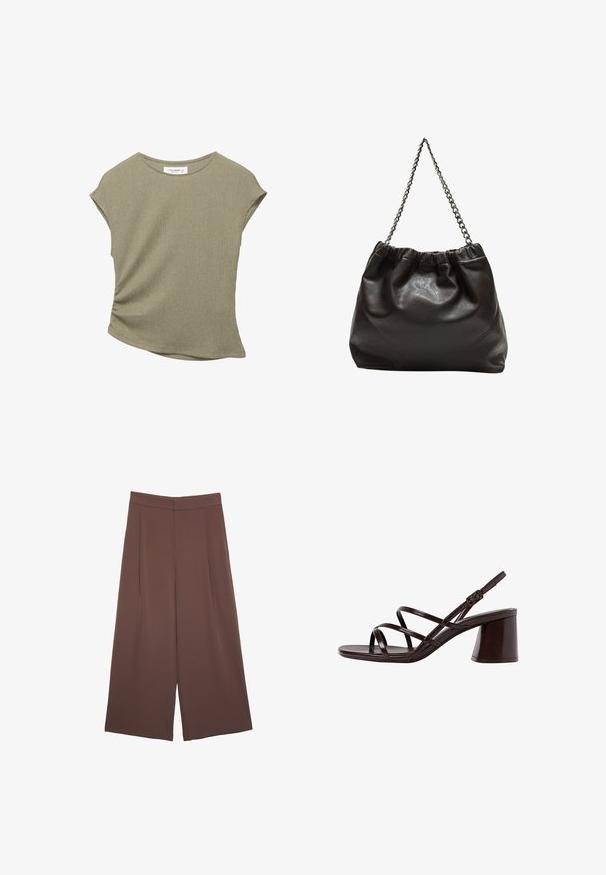 Olivgrön topp med korta ärmar i en strukturerad ribbad tyg. Har en rynkad detalj på sidan och en något rundad nederkant.; Bruna vida byxor med en slät textur, som har hög midja och framfickor. Tyget är lätt och flödar löst.; Brun rem sandal med hög klack och kraftig klack, med en slät, glänsande yta och flera korsande remmar på övre delen.; Brun läderväska med rynkad topp och kedjesnodd. Slät textur med en blankslipad yta och subtila sömdetaljer på sidorna.