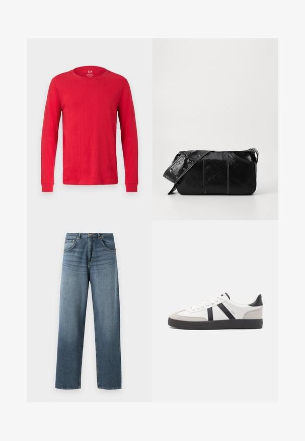 Sarkana garo piedurkņu kokvilnas T-kreklu ar apaļu kakla izgriezumu un ribotām piedurknēm, ar uzlīmi aizmugurē centrā.; Taisni kāju zili džinsi ar izbalējušu apdari, piecdesmit kabatu dizains, metalizēta pogu un jostas cilpas. Strukturēta, vidēji smaga auduma.; Baltas sneakeris ar melniem un pelēkiem akcentiem, kuram ir teksturēts pelēks purngals, melna gumijas zole un plakanas baltas šņores. Tīrs dizains, minimālisma stils.; Melnas ādas plecu soma ar rāvējslēdzēja aizdari, ar teksturētu virsmu, baltu dūrienu un siksnu ar sudraba iekavām.