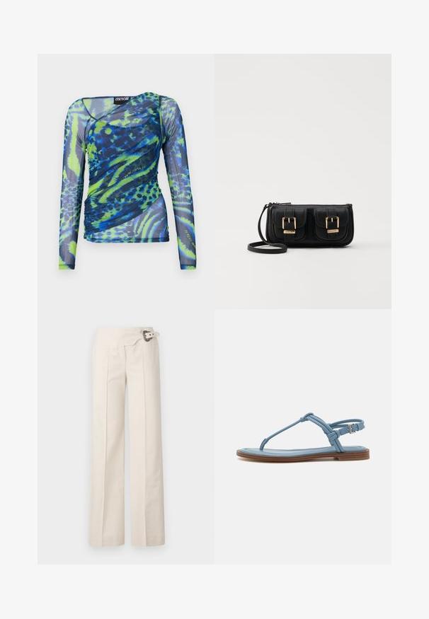 Μακρυμάνικη μπλούζα από διάφανο, ελαστικό ύφασμα με μπλε και πράσινο αφηρημένο σχέδιο και ραψίματα στο πλάι.; Πλατιά παντελόνια σε κρεμ ύφασμα με υφή. Διαθέτουν πλαϊνές πιέτες και μια διακοσμητική ζώνη με κυκλικό αγκράφα.; Μπλε δερμάτινη σανδάλι με επίπεδη σόλα, με λεπτό σχέδιο λουριού και κλείσιμο με πόρπη στον αστράγαλο για ασφαλή εφαρμογή.; Μαύρη δερμάτινη τσάντα ώμου με δύο μπροστινές τσέπες, χρυσά κούμπωματα, κλείσιμο με φερμουάρ και λεπτό λουρί. Υφή επιφάνειας και κομψό ορθογώνιο σχήμα.