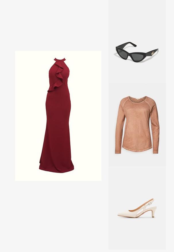 Langsleeve, ronde hals top van zacht, perzikkleurig doek met een licht getextureerde afwerking en contrasterende lichte naden. Subtiele, afgeronde onderrand.; Bordeaux halterjurk met ruches aan de zijkant; aansluitende silhouet; gemaakt van gladde, rekbare stof; vloerlange ontwerp.; Witte slingback hak met een spitse neus, glad bovenmateriaal, lage blokhak en een design met uitsparingen aan de zijkant, voorzien van een verstelbare gespsluiting.; Cat-eye zonnebrillen met een matte zwart plastic frame, donkere lenzen en een gouden logo-accent op de poot. Hoekig ontwerp en een soepele textuur.; Michael Kors polsbandje in beige gecoate canvas met een herhaald MK-logo patroon, gouden hardware en een afneembare kettingriem.