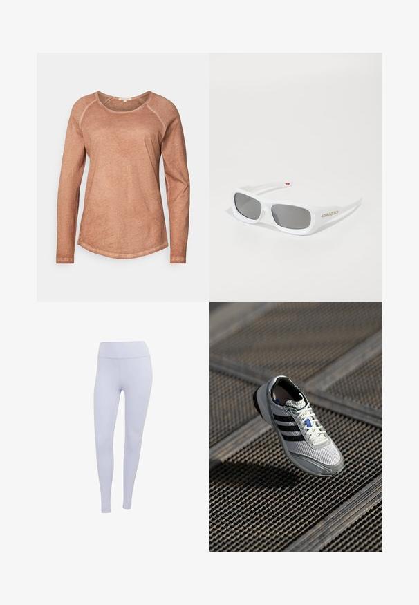 Long-sleeve, round-neck top in soft, peach-toned fabric with a slightly textured finish and contrasting light seams. Subtle curved hem.; Light purple leggings made of stretchy fabric. High-waisted design with a smooth texture and no visible seams or patterns.; Lightweight running shoe featuring a white mesh upper with three black stripes, gray accents, and a textured sole for grip.; White rectangular Oakley sunglasses with dark lenses resting on a white surface, logo visible on the side.