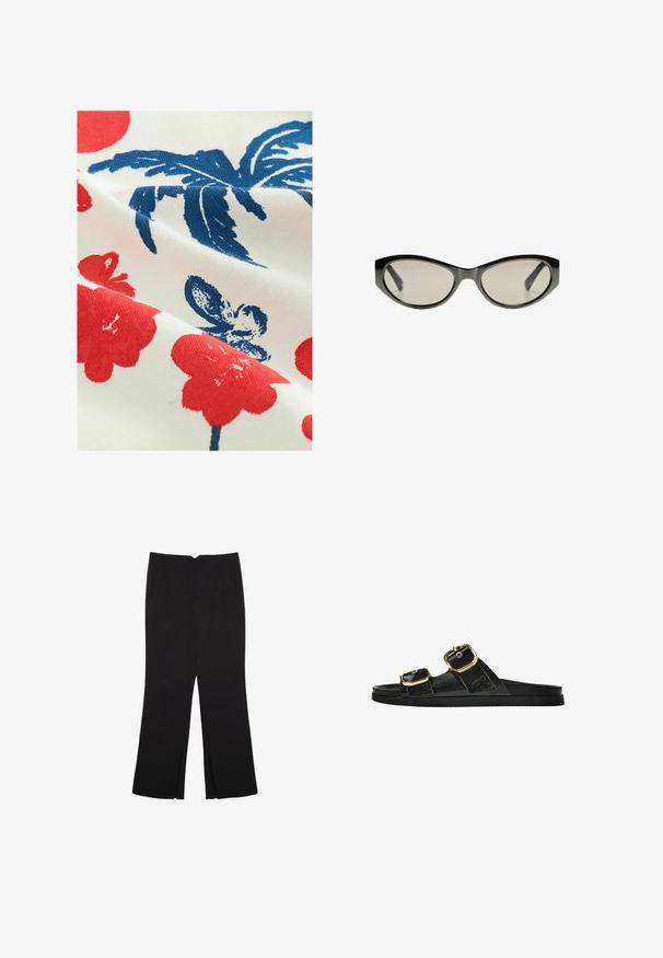 Pamučna tkanina s bijelom pozadinom koja sadrži crvene cvjetne uzorke i plave dizajne lišća, prikazuje strukturiranu, tiskanu površinu.; Crne hlače ravnog kroja, s prednjim džepovima i bočnim prorezima na rubu. Izrađene od mekog i glatkog materijala. Pogodne za razne prigode.; Crne sandale na klizanje s dva zlatna akcenta u obliku kopči, glatkog teksturiranog materijala, ravnim potplatom i minimalističkim dizajnom.; Crne mačke-oko naočale s sivim zateznim staklima. Plastični okvir s oštrim rubovima i glatkom, sjajnom završnom obradom.