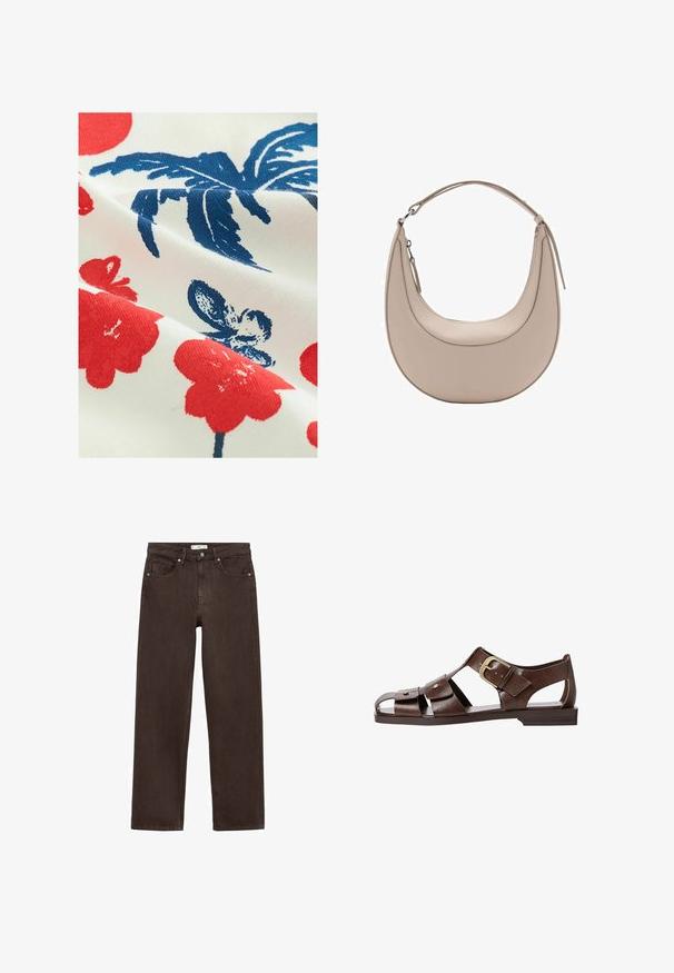 Pamučna tkanina s bijelom pozadinom koja sadrži crvene cvjetne uzorke i plave dizajne lišća, prikazuje strukturiranu, tiskanu površinu.; Smeđe široke traperice izrađene od denima, s klasičnim dizajnom pet džepova, kopčanjem na dugme i suptilnim detaljima šivanja.; Smeđe kožne sandale s izrezbarenim dizajnom, podesivim bočnim kopčanjem i ravnim potplatom, s metalnim detaljima i otvorenim prstima.; Bež kožna torba za rame u obliku polumjeseca, glatke teksture i s jednim zakrivljenim ručkom. Sadrži zatvor na zip i uredno šivenje.