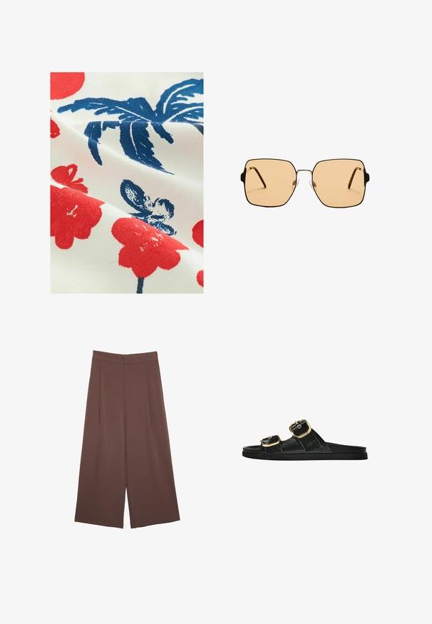 Tissu en coton avec un fond blanc présentant des motifs floraux rouges et des designs de feuilles bleues, mettant en valeur une finition imprimée texturée.; Pantalons larges marron avec une texture lisse, dotés d'une taille haute et de plis à l'avant. Le tissu est léger et tombe de manière fluide.; Sandale noire à glissière avec deux accents de boucle en or, en matériau lisse, semelle plate et design minimaliste.; Lunettes de soleil carrées avec des verres marron et une fine monture en métal noir. Présente des branches angulaires et des plaquettes de nez ajustables pour un confort optimal.