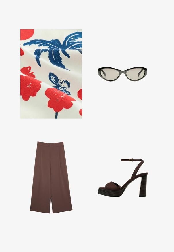 Puuvillakangas, jossa on valkoinen tausta ja punaisia kukkakuviota sekä sinisiä lehtimuotoja, esittelee tekstuuripainetun pinnoitteen.; Ruskeat leveälahkeiset housut, joissa on sileä pinta, korkea vyötärö ja etupleat. Kangas on kevyttä ja laskeutuu väljänä.; Ruske kožne sandale s visokom potpeticom, otvorenim prstima, podesivim kopčanjem oko gležnja i prugastim platformskim đonom.; Mustat kissakuvioiset aurinkolasit harmailla tummennetuilla linsseillä. Muovikehyksissä on terävät reunat ja sileä, kiiltävä pinta.