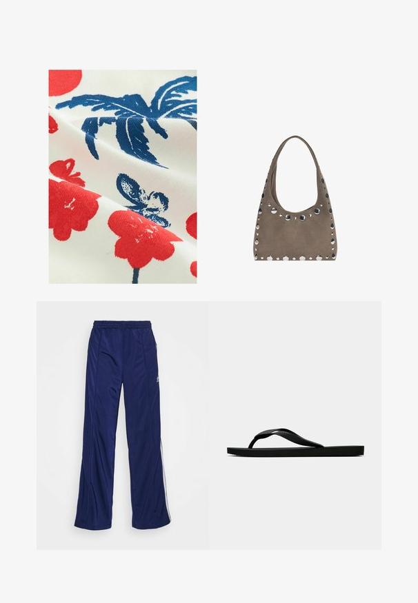 Tessuto di cotone con sfondo bianco caratterizzato da motivi floreali rossi e design fogliari blu, che mostra una finitura stampata e testurizzata.; Pantaloni sportivi navy con vita elasticizzata, gambe diritte e cerniere laterali. Presentano piping bianco lungo i lati. Tessuto dalla consistenza liscia.; Infradito in gomma nera con cinturino testurizzato e suola piatta semplice, mostrati di lato su uno sfondo chiaro e uniforme.; PULL&BEAR SHOPPER - Shopping bag - grey
