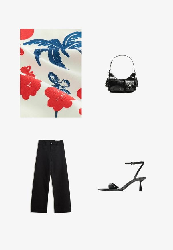 Cotton fabric with a white background featuring red floral patterns and blue leafy designs, showcasing a textured, printed finish.; Black wide-leg denim pants with a high waist, featuring front and back pockets, stitched seams, and a button closure. Smooth texture.; Bershka High heeled sandals - black; Black patent leather handbag with a curved shape, one shoulder strap, front pockets, and silver-tone hardware accents.