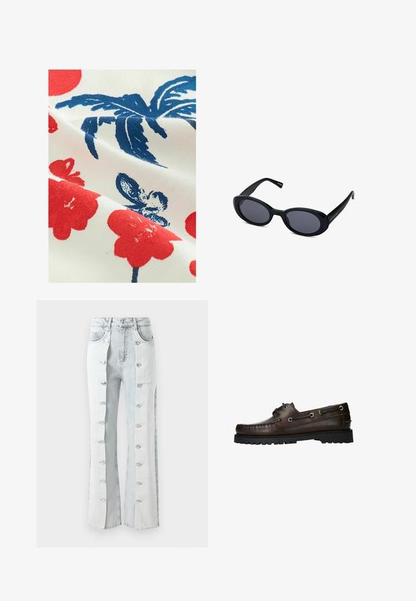 Tissu en coton avec un fond blanc présentant des motifs floraux rouges et des designs de feuilles bleues, mettant en valeur une finition imprimée texturée.; Jeans en denim bleu clair avec des accents de boutons argentés, présentant un design à jambes larges et des panneaux latéraux. Le tissu a une finition texturée.; Chaussure de bateau en cuir marron avec des coutures de style mocassin, des œillets en métal et une semelle en caoutchouc noir texturé.; Lunettes de soleil ovales noires avec des verres sombres, monture en plastique épais, design légèrement incurvé et détail du logo doré sur la branche.; Sac à épaule en toile navy avec une forme douce et structurée, doté d'une sangle noire, de détails cousus et d'une petite étiquette de marque.