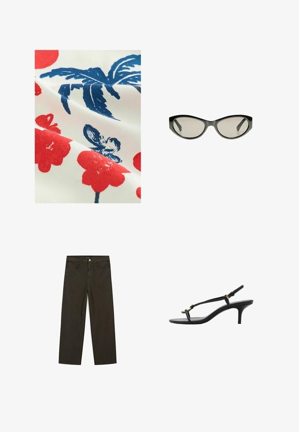 Baumwollstoff mit weißem Hintergrund, der rote Blumenmuster und blaue Blattdesigns zeigt, mit einer strukturierten, bedruckten Oberfläche.; Dunkelgrüne Jeans im weit geschnittenen Style, hergestellt aus einem Baumwollgemisch. Sie verfügen über einen Frontknopfverschluss, fünf Taschen und klassische Denim-Nähte.; Schwarze Leder-Kitten-Heel-Sandale mit dünnen Riemen, goldener Schnalle und minimalistischer Zehen-Schlaufe vor einem weißen Hintergrund.; Schwarze Cat-Eye-Sonnenbrille mit grau getönten Gläsern. Der Kunststoffrahmen hat scharfe Kanten und eine glatte, glänzende Oberfläche.