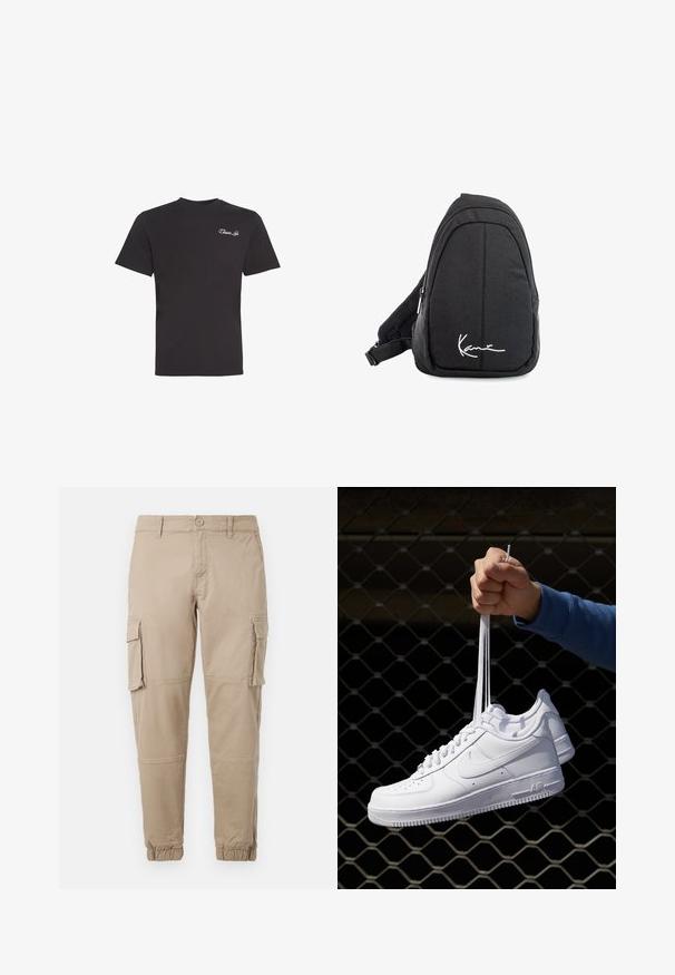 Melns īsroku T-krekls ar mazu baltu kursīvu uzrakstu "Closure Lin" augšējā kreisajā krūtīs, vienkrāsains fons.; Bežīgas cargo bikses izgatavotas no viegla kokvilnas materiāla. Tām ir elastīgas aproces, vairākas sānu kabatas un pogu aizdare.; Baltas ādas sporta apavi ar perforācijām, apaļu purngali, plakanu zoli un biezām šņorēm, ar redzamu swoosh logo un vārdu "AIR" uz papēža.; Melnas auduma siksnu mugursoma ar gludu tekstūru, ar izliekta dizaina, ar rāvējslēdzēju, un uz priekšu ir balts logo.