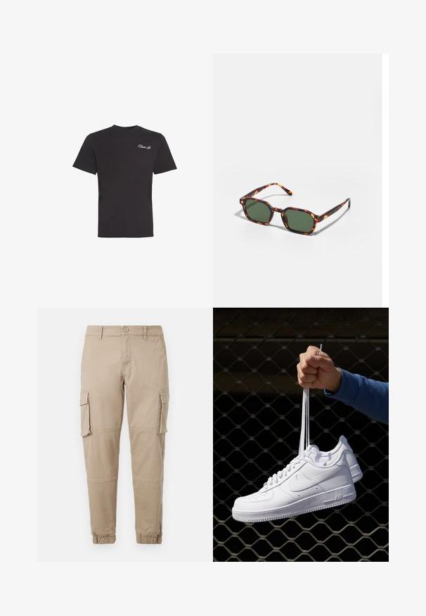 Črna kratka majica s kratkimi rokavi z majhnim belim pisanim napisom "Closure Lin" na zgornjem levem delu prsnega koša, enobarvna ozadje.; Bežne cargo hlače iz lahkega bombažnega materiala. Imajo elastične manšete, več stranskih žepov in gumbasto zapiranje.; Bela usnjena športna obutev s perforacijami, okroglo konico, ravnim podplatom in debelimi vezalkami, z vidnim logotipom smoosh in napisom "AIR" na peti.; Očalna okvir iz želvje školjke z zelenimi lečami, ki ima osemkotno obliko in tanke, zakrivljene ročke. Material ima sijajno površino.