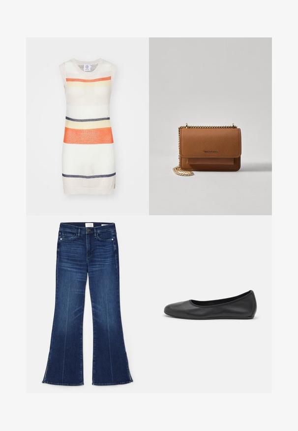 Ærmeløs strikket kjole med et mesh-design og vandrette striber i orange, gul, marineblå og creme. Flad kant og rund hals.; Mørkeblå flagrende jeans lavet af denim. Har høj talje, forlommer og splitdetaljer i kanten. Klassisk fem-lomme design.; Sort læderballetsko med rund tå, glat tekstur, minimal syning og et fleksibelt såldesign.; Brun tekstureret læder crossover-taske med guldkæde-rem og klaplukning. Forsiden har logo-detalje og en lomme under klappen.
