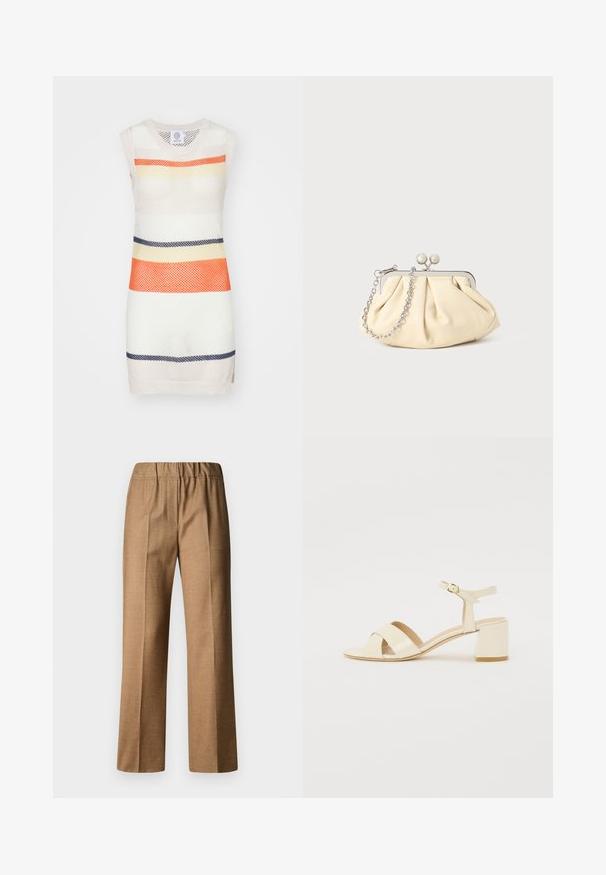 Mouwloze gebreide jurk met een gaasontwerp met horizontale strepen in oranje, geel, marineblauw en crème. Platte zoom en ronde hals.; Bruine, gestructureerde broek met een relaxte pasvorm, voorzien van een brede pijp en een elastische tailleband. Op maat gemaakte stijl met plooien aan de voorkant.; Beige gepolijst lederen sandalen met hakken, voorzien van een kruisbandontwerp, open teen, verstelbare enkelband en een blokhak. Gladde textuur.; Geplooide beige leren clutch met een zilveren metalen frame, voorzien van twee ronde decoratieve sluitingen en een zilveren kettingriem.